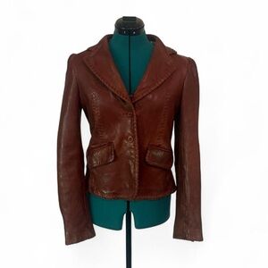 Sanctuary Brown Leather Jacket Blazer Y2k does 70s whip stitch puff shoulder